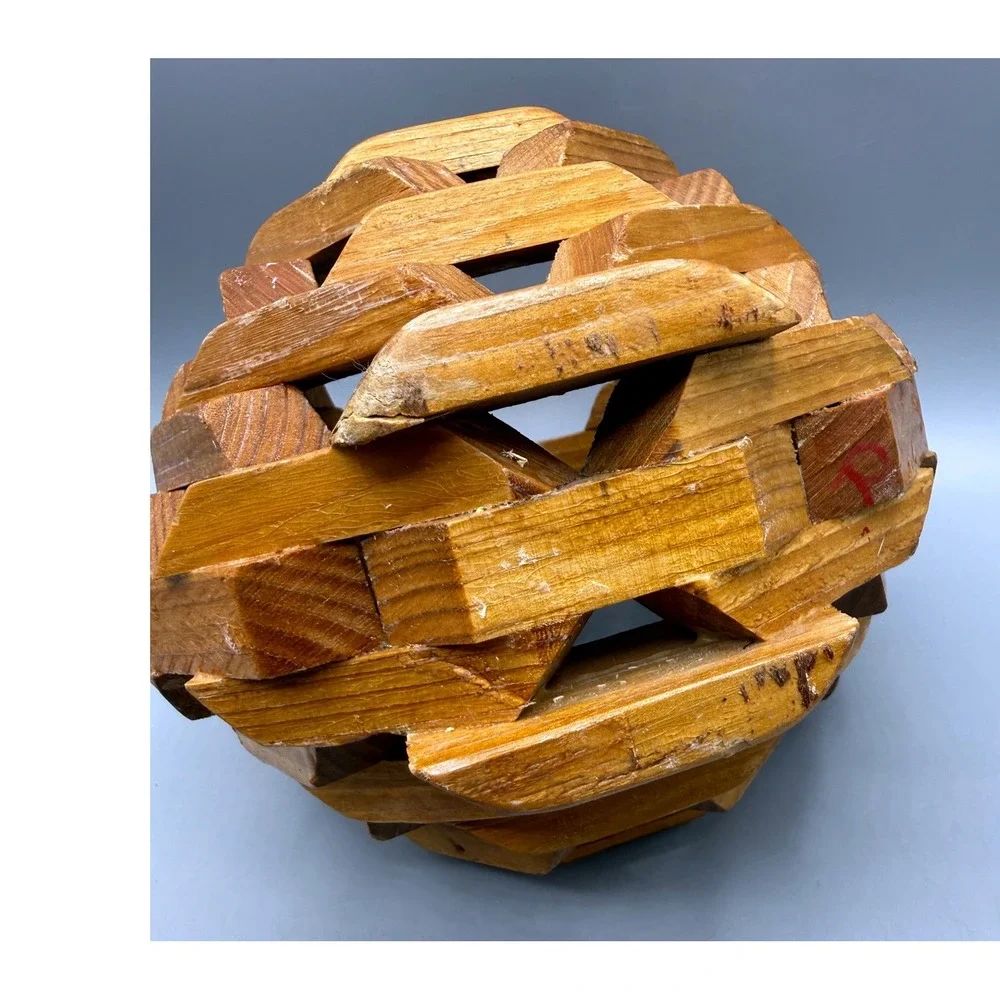 Vintage Folk Art Geometric Interlocking Wood Planter Basket MCM Handle Brown 9in